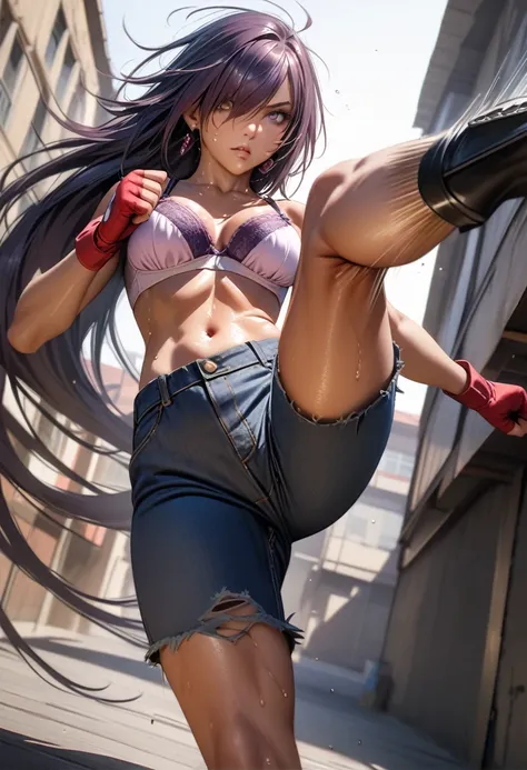 kanu,dark purple hair, hair over one eye, very long hair,red fingerless gloves, midriff,(delicate embellishments gorgeous bra:1....