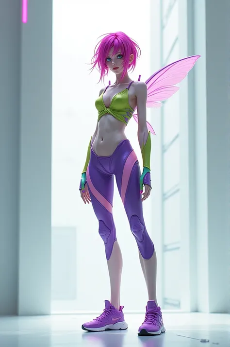 Tecna is a tall girl with magenta color, pixie-style hair, teal eyes, and a pale skin tone. His daily outfit consists of a soft purple and lime green, burnt purple, soft vest top fitted with cropped pants and shoes of the same color.