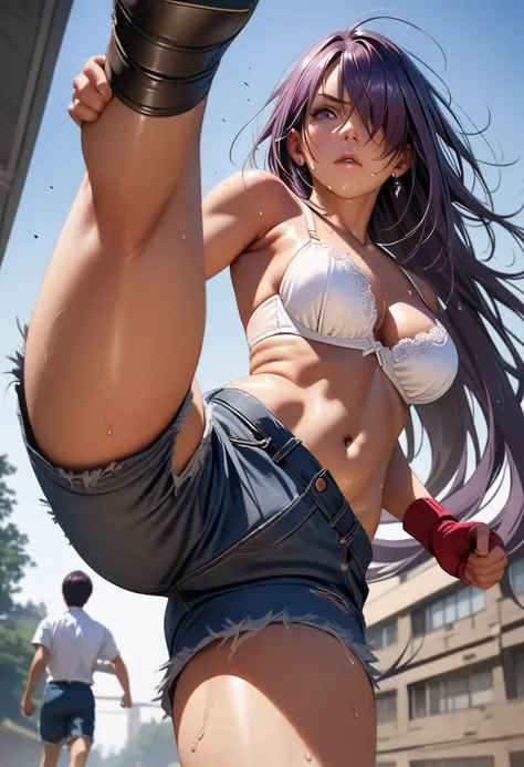 kanu,dark purple hair, hair over one eye, very long hair,red fingerless gloves, midriff,(delicate embellishments gorgeous bra:1....