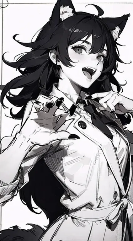 masterpiece, best quality, ultra-detailed, beautiful, nai3, 1girl, solo, smile, wolf girl, wolf ears, wolf tail, fluffy, messy hair, black hair, fangs, open mouth, :d, open jacket, claw pose, sharp fingernails, black nails, (moe artstyle:1.2), (scribble li...