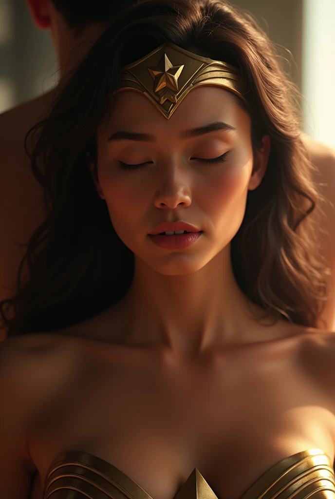 Wonder Woman with her eyes closed、Having a man touch your butt。Brown Hair,  masterpiece、beautiful girl、fine 目、puffy eyes、Bright spot、Best Quality, 超High resolution, (reality: 1.4), Cinema Lighting,Very beautiful、The perfect Wonder Woman costume。Very pretty...