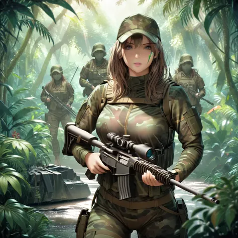 a squad of female combat soldiers in stealth camouflage armor, blurred body outlines, equipped with sniper rifles, hidden in lus...