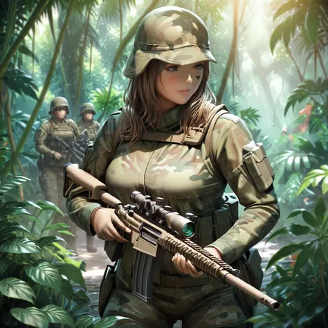 a squad of female combat soldiers in stealth camouflage armor, blurred body outlines, equipped with sniper rifles, hidden in lus...