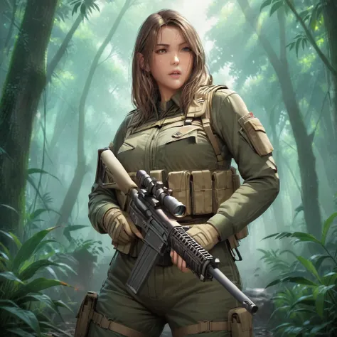 a group of female combat soldiers in stealth camouflage armor, blending into the dense jungle, holding sniper rifles, faces obsc...