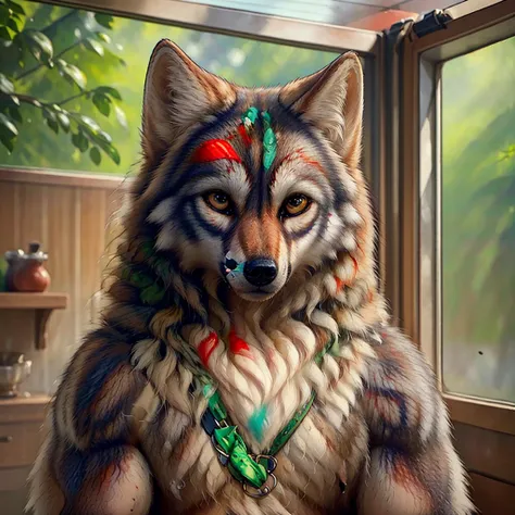 furry, photorealistic wolf, massive detailed fur, brown hose, muscular wolf body, intense eyes, wet fur, intricate fur textures,...