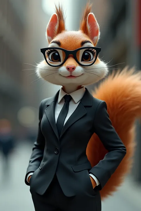 Female squirrel in dark suit and black glasses