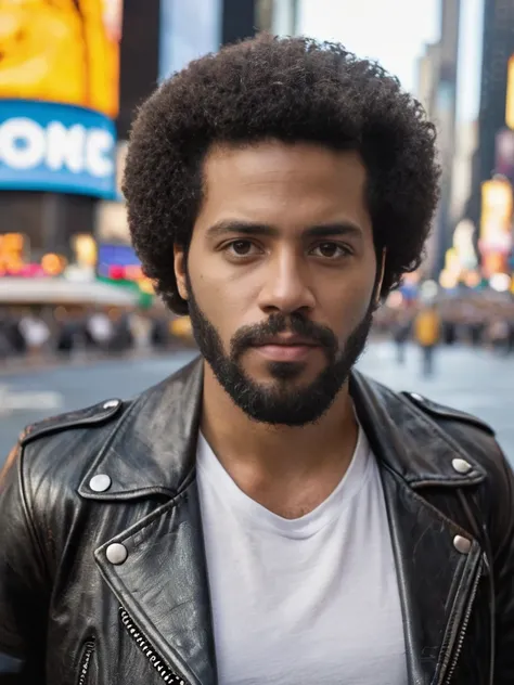 There is a man standing up for a picture, brown skin, black hair, afro hair, beard, caio santos, degraded, self picture, looking forward, black leather jacket, white shirt, low beard, New York, time square, high Resolution, High Details, Best Quality, Mast...