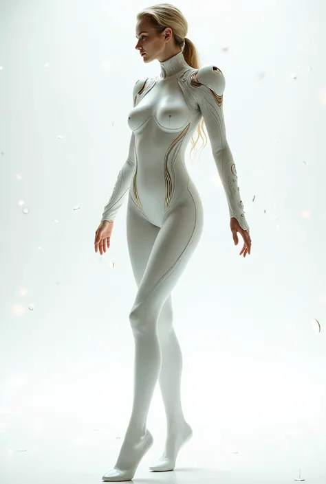 live-action、Real、Upper Body、Spread your arms out to the sides、Metroid Suit,Beautiful feminine lines、、Particles of light fill the air、Pure white background