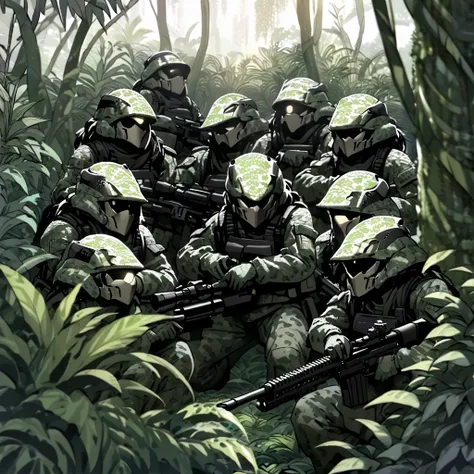 a group of female stealth infantry soldiers, predator-like camouflage, blurred and indistinct body outlines, aiming sniper rifle...