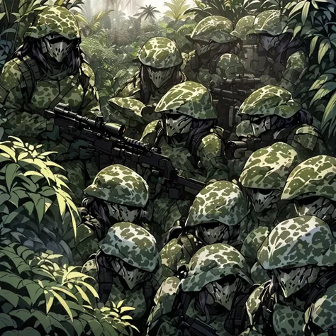 a group of female stealth infantry soldiers, predator-like camouflage, blurred and indistinct body outlines, aiming sniper rifle...