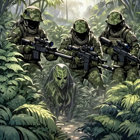 a group of female stealth infantry soldiers, predator-like camouflage, blurred and indistinct body outlines, aiming sniper rifle...