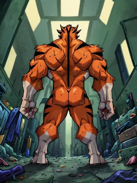 score_9, score_8_up, score_7_up, score_6_up, source_furry, solo, dof, blured background,detailed background((flawless design)),rath_(ben_10), muscular,sfw_nudity, full-length portrait, sweating, cinematic, dynamic angle,flawless artwork,((rear view)),easyn...