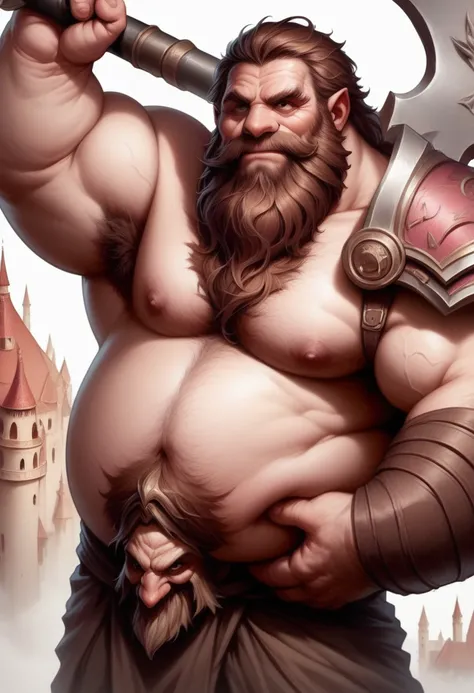 (dwarven elder)　　deep wrinkles on the face　stern face　brown hair　detailed body hair　6 heads　very large beard　beard that spreads ...