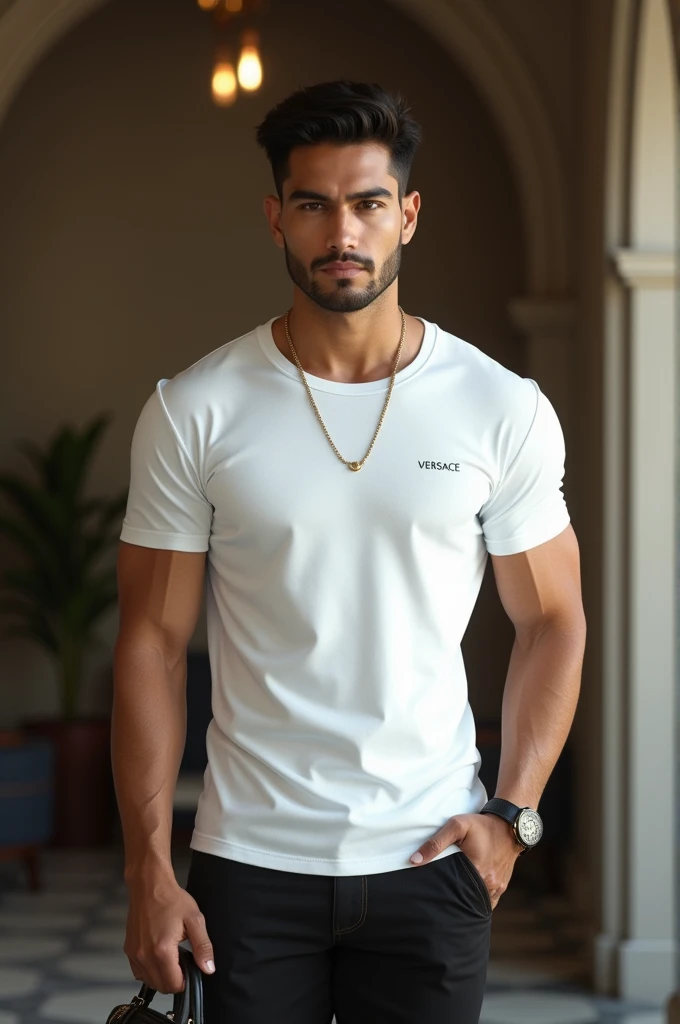 handsome Indonesian Sundanese man, wearing a white (versace) t-shirt, watch (tagHuer) holding a handbag (gucci) masterpiece, best quality:1.2),,(8k,highres,RAW photo,realistic,photo-realistic:1.3),(detailed skin texture,detailed cloth texture,beautiful det...