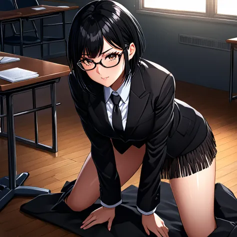 young woman, glasses, short black hair, fringe, business suit, big butt, glow, thighs, cowgirl position, detailed, in a classroo...