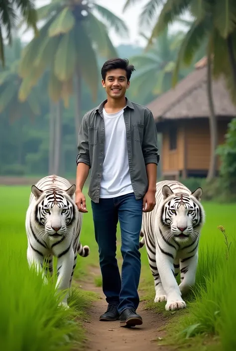 A handsome Indonesian young man with a charming smile wearing a grey shirt and white t-shirt, dark blue jeans black shoes, very short hair, walking with white tigers on a small path in the middle of green rice fields, Background: bamboo house and coconut t...