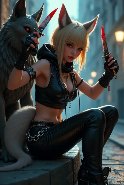 Seductive girl sits next to gargoyle. It&#39;s evening outside. The girl has straight blond hair, square hairstyle. Black leather crop top and hooded vest. Skinny leather pants, with chains and pins. There are wolf ears on the head.  At the level of the co...