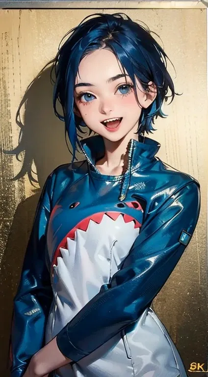 masterpiece, ultra high quality:1.5, ((best quality)), (1 girl(20years old) (wearing a shark costume)), ((8k)), ((blue hair(long), (messy))), face focus, blue eyes, looking at viewer, laughing,  (gold teeth):3.0