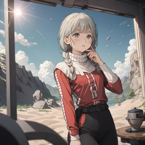 one woman, 14 talents, cozy turtleneck sweater, upper body angle, very cute, perfect good looks, braid, ash gray hair, glare of ...