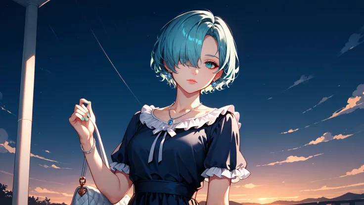 score_9, score_8_up, score_7_up, (1girl, solo), aqua hair, short hair, hair over one eye, hair over eyes, aqua eyes, aqua nails,...