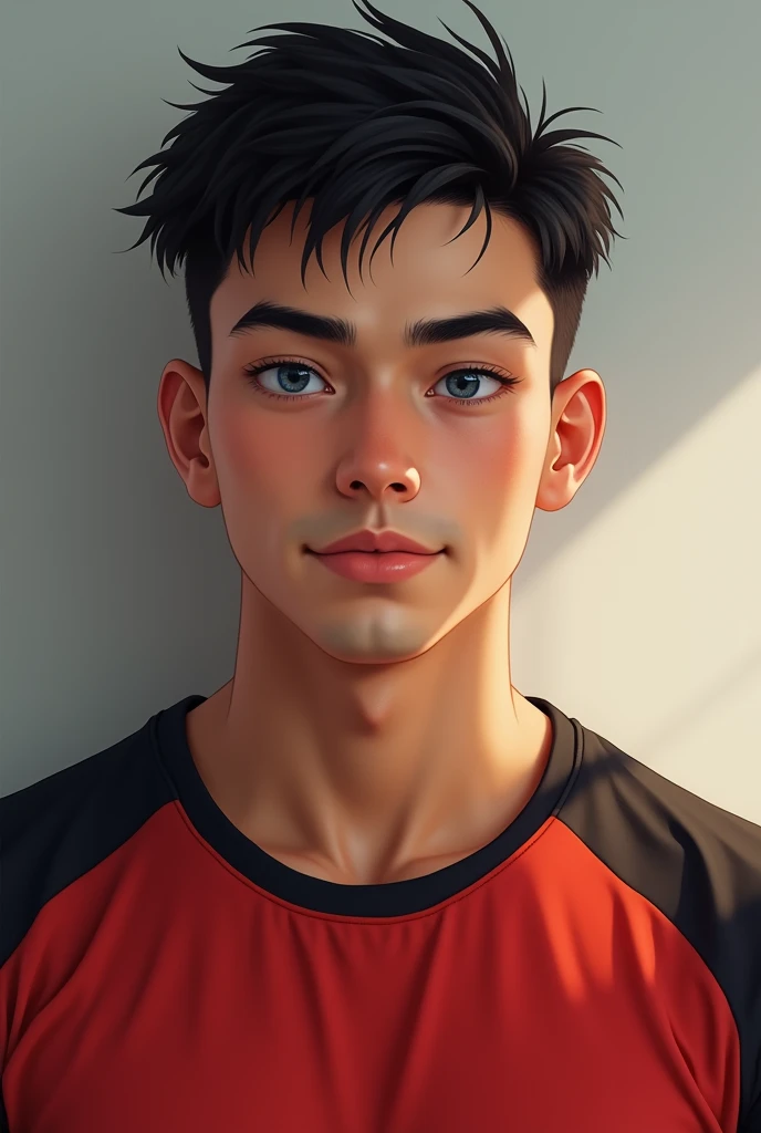 Make a guy just a 20 year old guy, black hair and dark blue eyes, tanned white skin, a red and black volleyball sweatshirt, Handsome, realistic version 