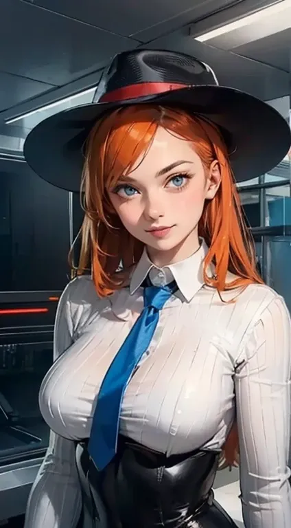 masterpiece, best quality, sfJuni, orange hair, blue eyes, hat, necktie, red gloves, ribbed bodysuit, large breasts, upper body, slight smile, looking at viewer, indoors, futuristic building 