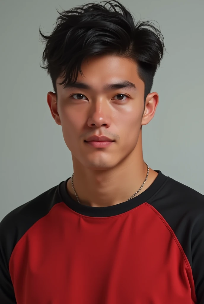 Make a guy just a 20 year old guy, black hair and dark blue eyes, tanned white skin, a red and black volleyball sweatshirt, Handsome, realistic version 