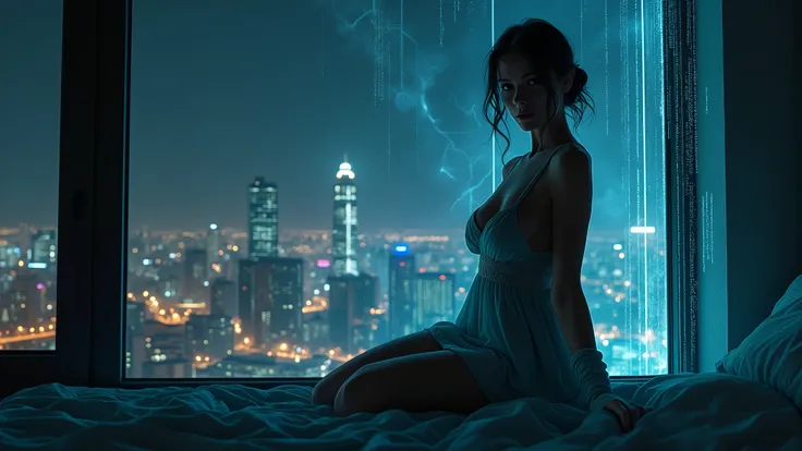 Low angle shot. Looking at a night city through a large window, a womans body is reflected on the window, lightning, very dark sky, dark background. High-resolution OLED GUI interfaces in the building, The windows are filled with transparent data visualiza...