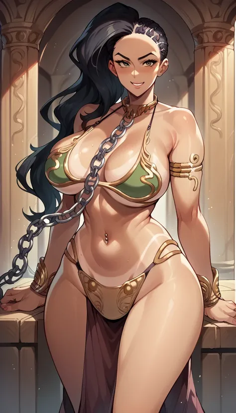  score_9, score_8_up, score_7_up, source_anime, best quality, solo, clear face, huge breasts, perfect body, looking at viewer, sex slave, slave bikini, palace, standing, dynamic angle, high leg thong, from behind, big ass, wide hips, navel piercing, pelvic...