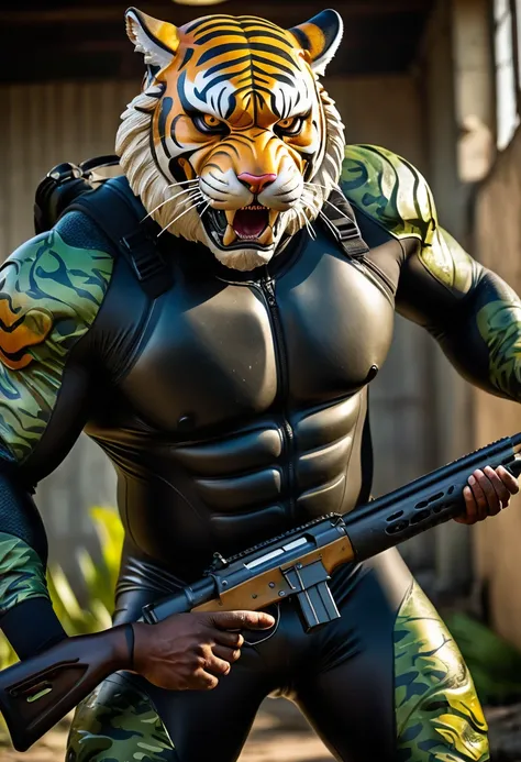 (a dark-skinned fat very muscular old man in a bulky army camouflage zipper wetsuit) shooting with rifle, (wearing a small-sized realistic roaring tiger mask), dynamic action pose, fierce expression, showcasing an imposing stature, surrounded by military e...