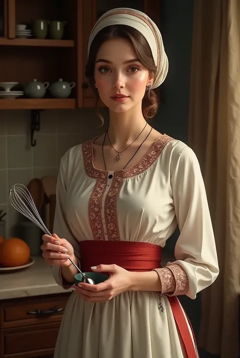 Tradicional wife, wearing tradicional clothes, wearing tradicional babushka, feminine and elegant, cooking and positioning a fouet near her face