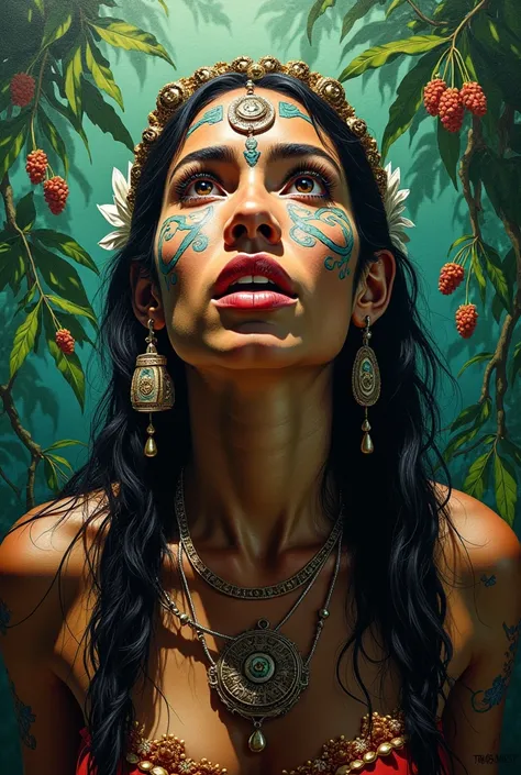 Indigenous woman, painted the beautiful and sad face, shouting at the jungle.