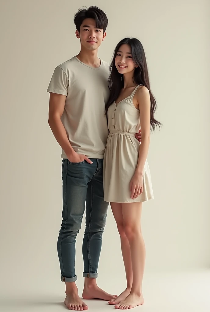 "An image showing a tall, thin man next to a small, thin woman. The man is 1.87 meters, has a slender build, short dark hair, and wears casual clothes, such as a fitted t-shirt and jeans. The woman, which measures 1.45 meters, is thin, with long straight h...