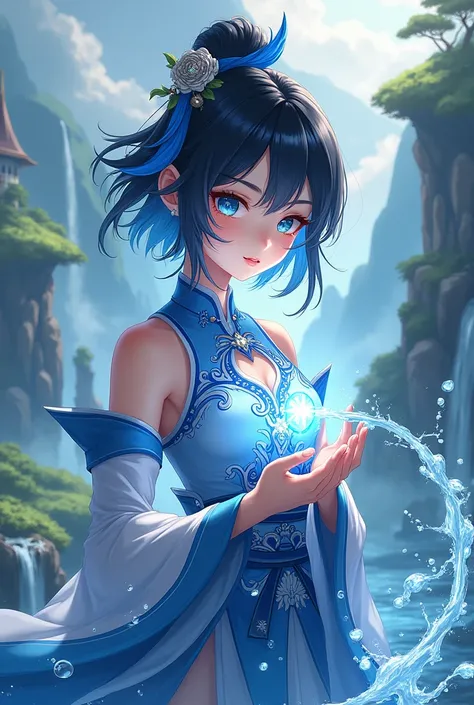 A female character, in the style of the game Genshin Impact, with short hair and blue highlights, wearing china based clothes, she must have a hydro vision