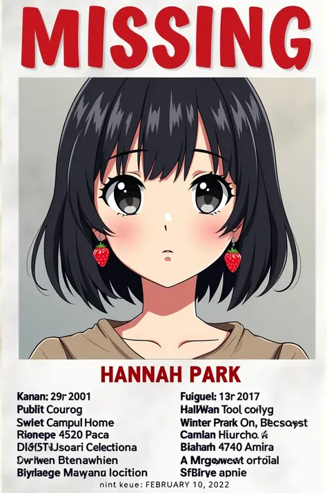 Missing person poster of a  with short black hair and strawberry earrings, the girl is called Hannah Park, she born in September of 2010 and shes missing since 10 of February 2022