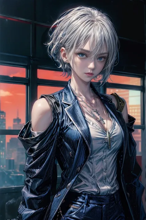 cinematic lighting、highest quality,A bright cyberpunk world、1 female、(20 year old beautiful woman、Detailed beautiful facial 、short hair、shoulder length hair、blue eyes:1.4)break,medium hair、（vivid Shiny BLUEヘアカラー:2.0）
break
 (Perfect dark black jacket blaze...