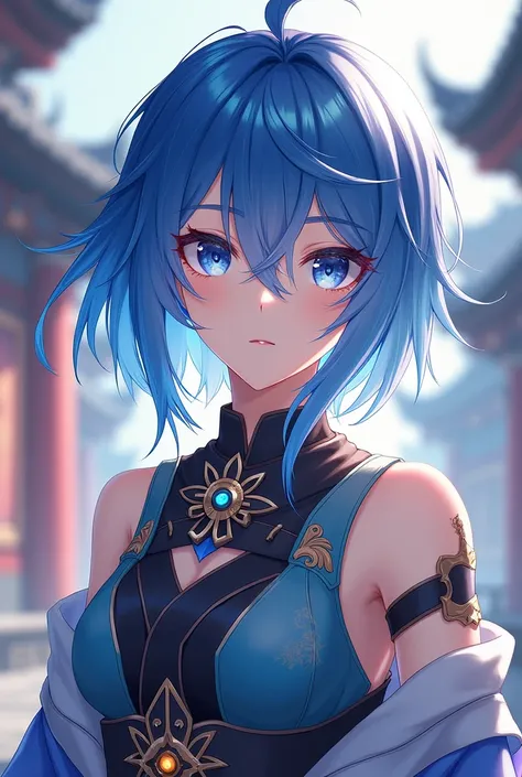 A female character, in the style of the game Genshin Impact, with short hair and blue highlights, wearing china based clothes,  she must be facing