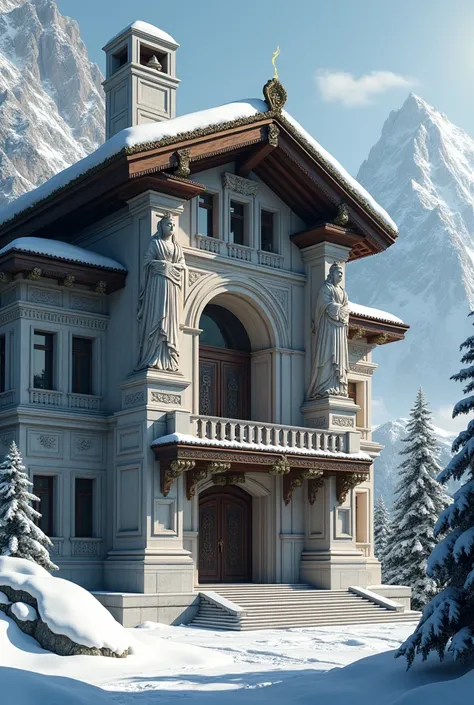 An imposing and regal-looking chalet, with austere decor and a high ceiling. It is a stone and marble building, with statues of gods and lightning symbols.