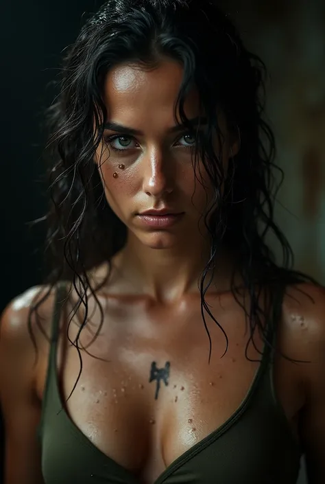 A close-up of a determined woman with wet hair, staring intensely forward. Her face and body are covered in water droplets, with a visible scar on her chest. The lighting emphasizes the moisture on her skin, giving a dramatic and cinematic feel. The backgr...