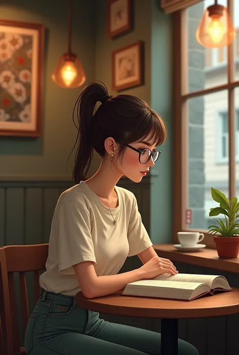 Girl in coffee shop, glasses, nerdy, reading, cute, adorable, sweet, 18, ponytail, brunette, pretty, gorgeous, stunning, freckles, dimples, shy, thin, 