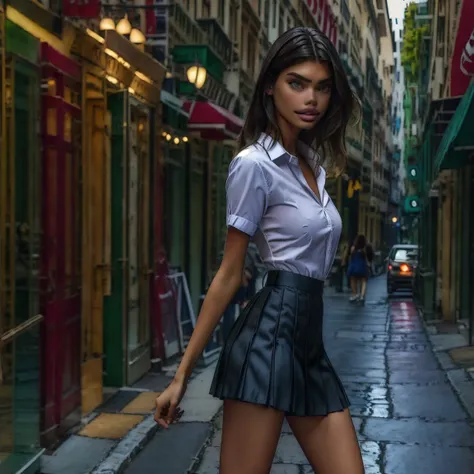 slmn, sara sampaio,1girl, skinny,  petite, masterpiece,best quality,highres,ultra-detailed,aadarjeeling,braid,bangs, tailored v-neck collared  shirt, pleated miniskirt,.outdoors,standing,:smile, from side