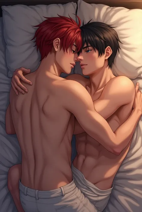 two male character (Realistic features) lying on a bed, one at the end of the bed with red hair and another hugging him with black hair