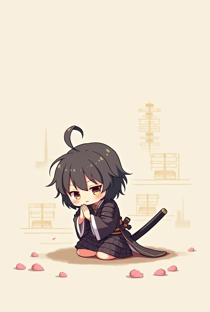 Create a simple illustration of a cute samurai kneeling and apologizing