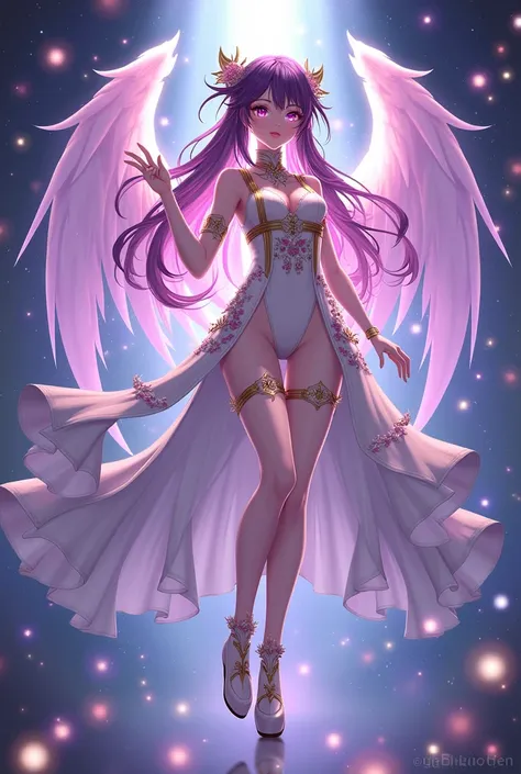 Create a Genshin Impact character where she has wings, purple and brown hair, her clothes are like those of a goddess, she is a celestial principle, she has pink and purple eyes with stars, her shoe is a high heel in the same shade as her hair, she has a s...