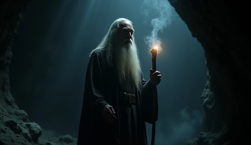 new Lord Of The Rings Movie Style scene, Close-up of Gandalf (Ian McKellen) in a dark cave, whispering a few cryptic words, as his staff lights up the scene in an enchanted darkness