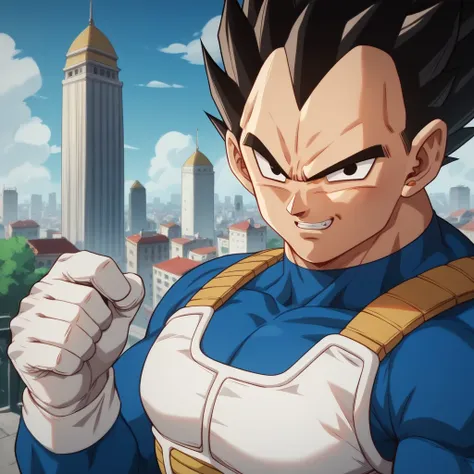 vegeta, with his typical hair, male, black hair, black eyes, spiky hair, high resolution, masterpiece, high details, city backgr...