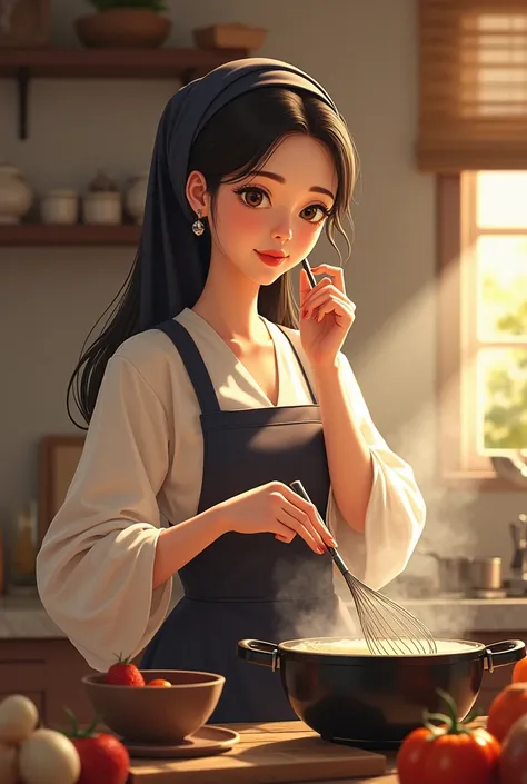 Tradicional wife, wearing modest clothingwearing long kerchief, feminine and elegant, cooking and positioning a fouet near her face, feminine kitchen