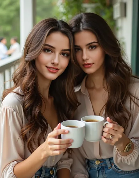 Ultra HD resolution, artistic photos, Professional portrait Photography, ((21 year very sexy models sitting together on a porch in the morning drinking coffee in a mug, both have long brunette wavy hair, cold ultra realistic skin, both wearing sexy silk bl...