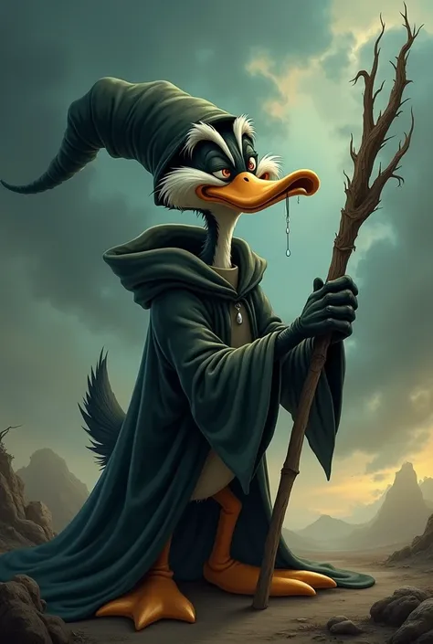 Daffy the wizard with a sunken beak crying a lot looking at the sky while holding a staff