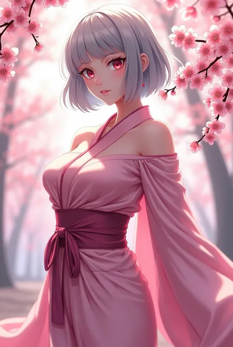 woman。Muscle White。Gray Hair。Bob。Odd Eye。Right eye is red。Left eye is blue。cherry blossoms柄のピンクの着物。whole body。cherry blossoms。Anime Style。